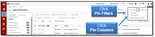 Click Pin Filters and then Pin Columns