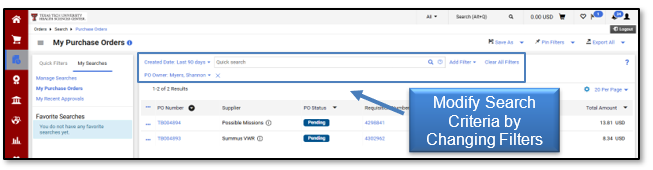 Modify the search criteria by changing filters