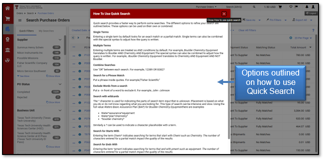 Options outlined on how to use the Quick Search