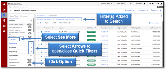 Select arrows to open and close Quick Filters and use See More to view more filters, the filter(s) added to search will display at top of results