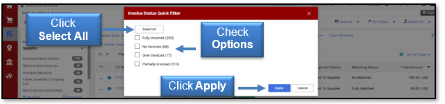 Click Options or Select All in the Filter, then click Apply