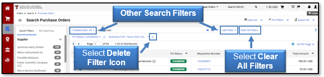 Other Search filters will appear to use; Select the Delete Filter icon to remove an individual filter or select Clear All Filters to remove all