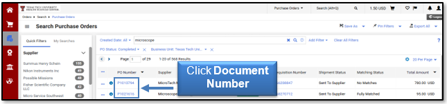 Click a Document Number to view the file