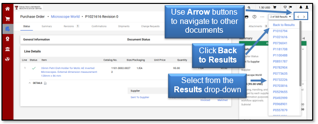 Click Back to Results and select from the items list or use arrow buttons to navigate to other documents