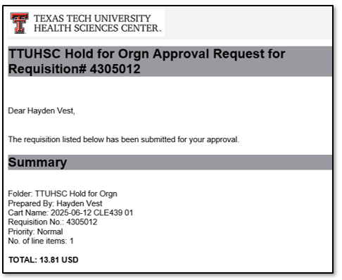 Example of Requisition submitted for approval