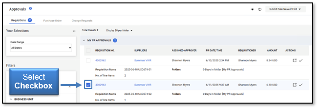 Select the checkbox beside the Requisition No. column
