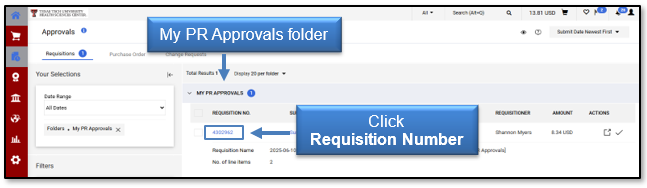 Locate the My PR Approvals Folder, then click the Requisition Number