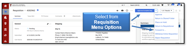 Select from Requisition Menu Options