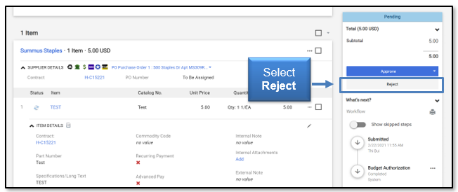 Select Reject button