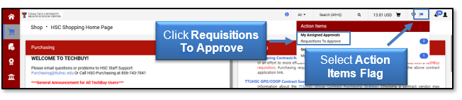 In TechBuy, select the Action Items Flag then click Requisitions To Approve
