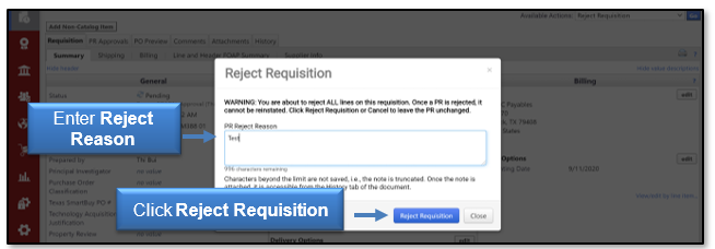 Enter Reject reason then click Reject Requisition button