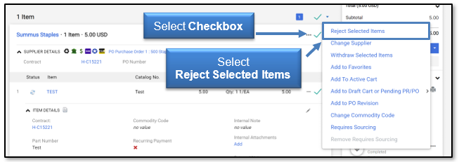 Select the checkbox, then select Reject Selected Items from the menu