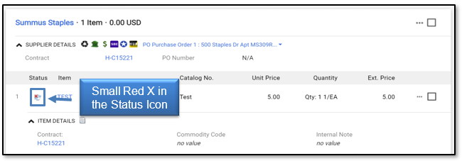 Small, red X displays in Status icon for rejected item