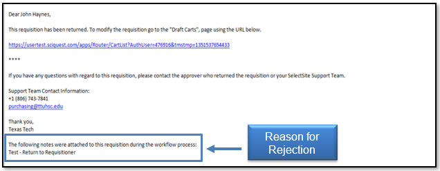 Reason for Rejection displays in email