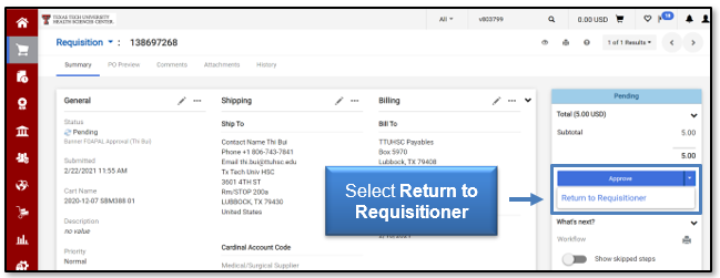 Select Return to Requisitioner