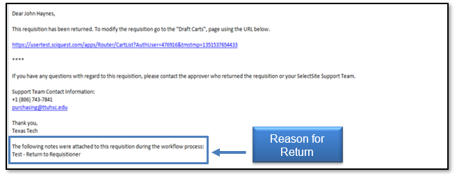 The Reason for the Return displays in Email Example