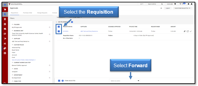 Select the Requisition, then click forward