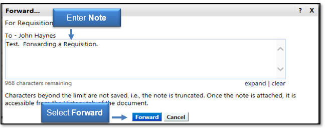 Enter a note to the user with a forward reason, then click Forward button