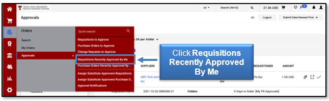 Click Requisitions Recently Approved By Me