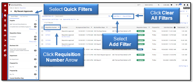 Select Quick Filters or add a Filter, click Clear All Filters to start again. Click the Requisition Number arrow to sort the column