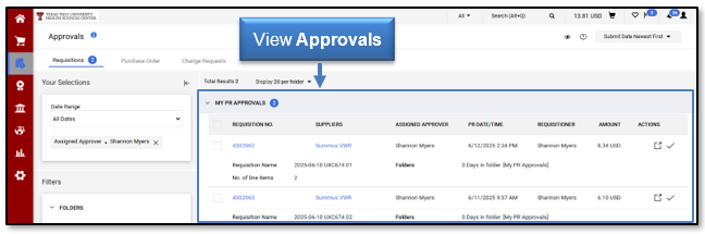 The My Approvals page is open to view