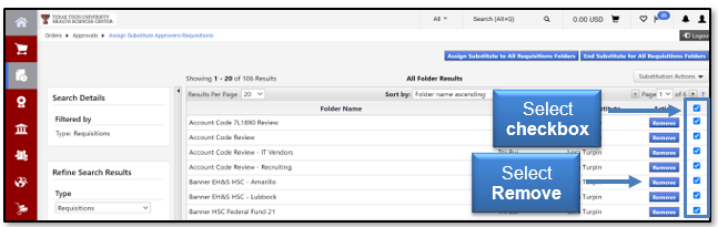 Select a checkbox, then click the Remove button
