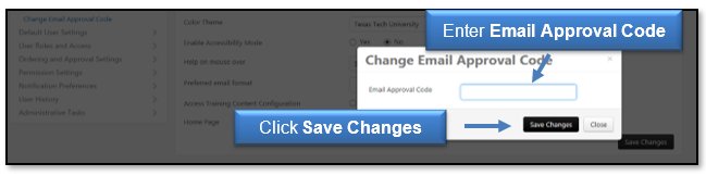 Enter Email Approval Code, then click Save Changes
