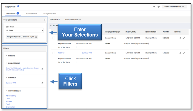Enter Your Selections and select the filters