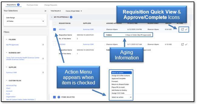 My Approvals Page with the available actions displayed