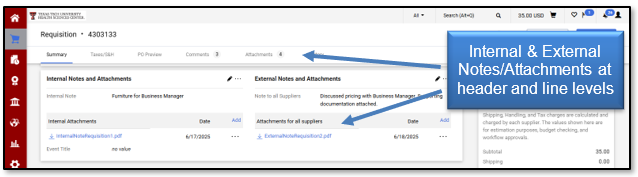 Internal and External Notes/Attachments shown at the header and line levels