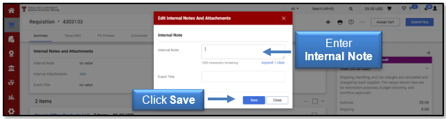Enter an Internal Note and click Save