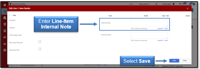 Enter Line-Item Internal Note and select Save