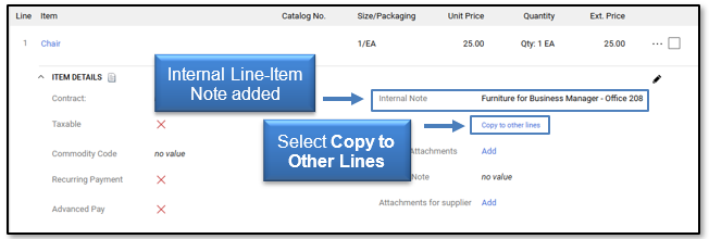 Internal Line-Item Note added and select Copy to Other Lines