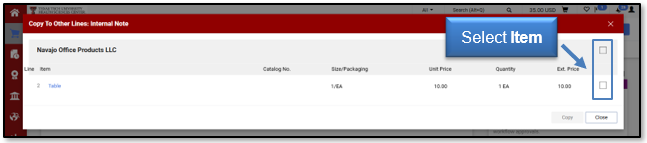 Select Item to include note