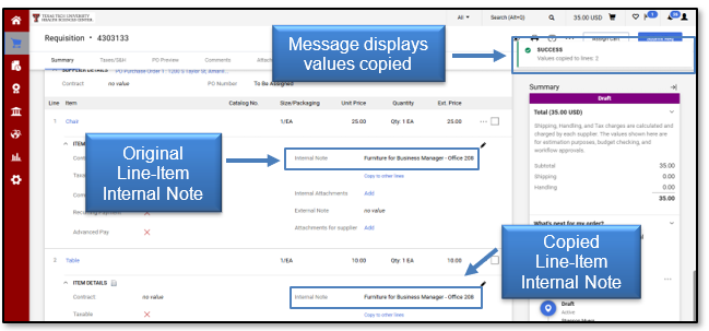 Message displays values copies; original line-item internal note and copied line-item internal note displayed