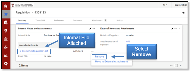 Internal File attached, if needed select Remove