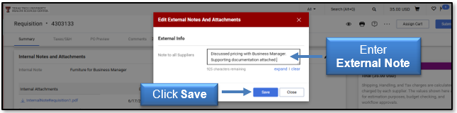 Enter External Note and click Save