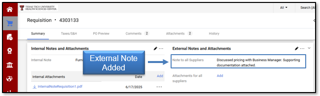 External Note added to as Note to all Suppliers
