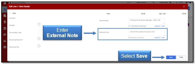 Enter External Note and select Save button