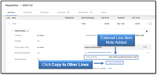 External Note added; click Copy to Other Lines