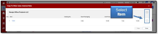 Select Item to include note