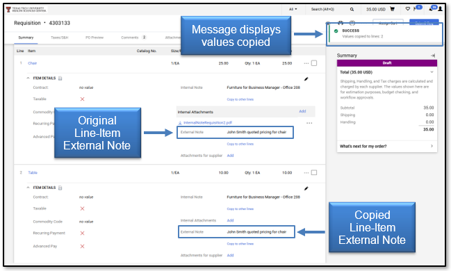 Message displays values copied, Original and Copied Line-Item External Note dislayed