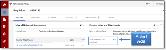 Select Add next to Attachments for all Suppliers