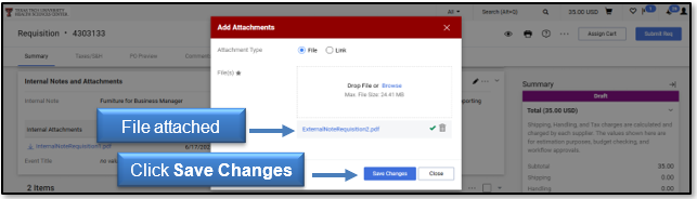 Files attached displayed; click Save Changes