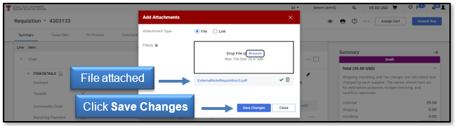 Files attached displayed, click Save Changes