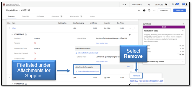 Files listed under Attachments for Supplier; select Remove, if needed