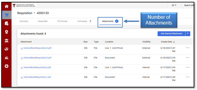 Number of Attachments shown in header tabs