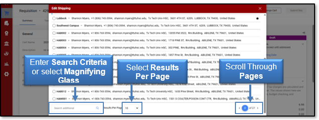 Enter the search criteria or select the magnifying glass to search; use the arrows to select the results per page and scroll the pages