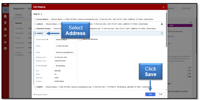 Select an Address and click Save