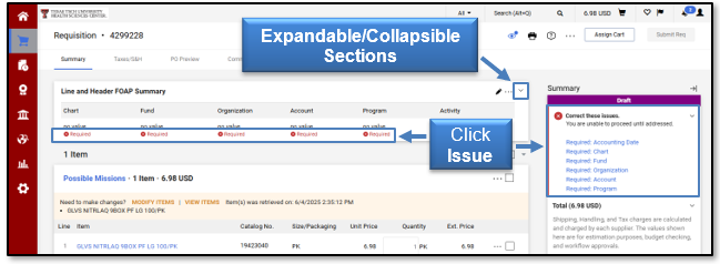 Use the Expandable/Collapsible section arrows; click Issue